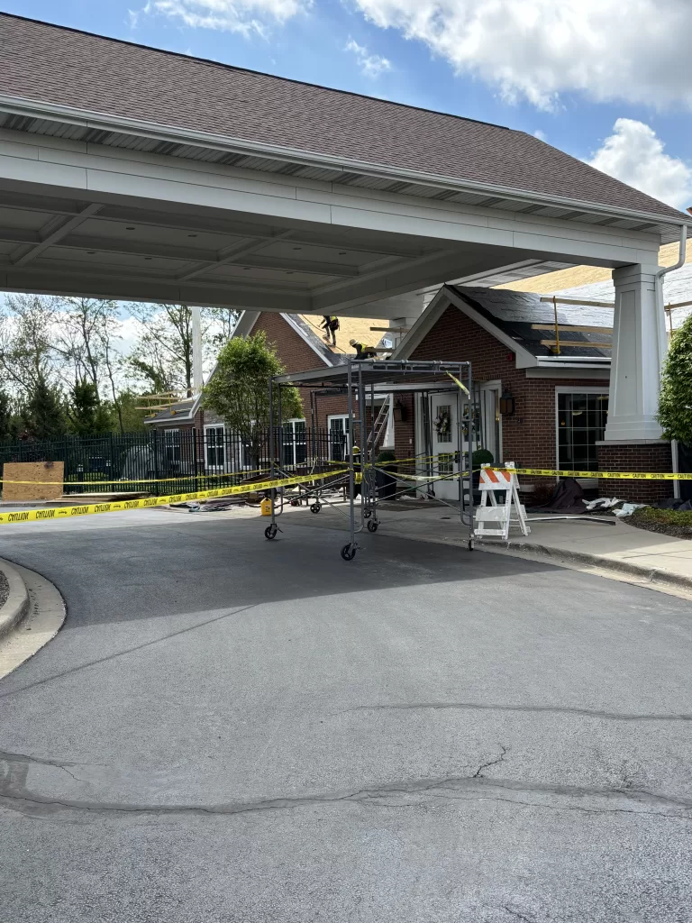 Roofing replacement with safety scaffolding in Madison Wisconsin