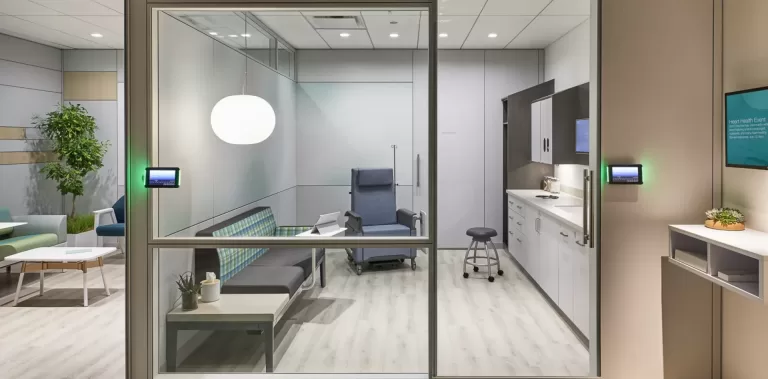 Medical suite interior with glass partitions and modern design elements