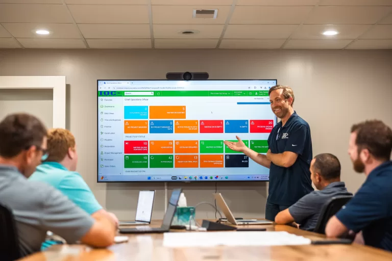 Construction project meeting with team reviewing digital plans and scheduling on screen.