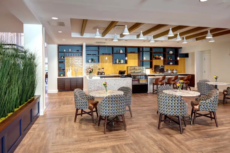 Renovated senior living dining space with updated finishes and welcoming atmosphere