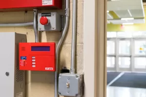 Fire alarm and electrical system panel installed during commercial building upgrade
